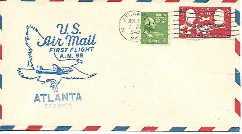 Airmail First Flight Atlanta GA June 10 1949 AAMC#98W6