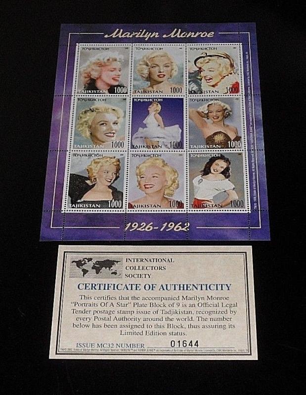 1999, TAJIKISTAN, MARILYN MONROE, LIMITED EDITION, SHEET/9, MNH, W/COA