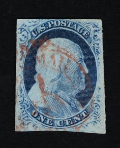 EXCELLENT GENUINE SCOTT #9 F-VF USED 1852 BLUE TYPE-IV WITH RED US EXPRESS MAIL