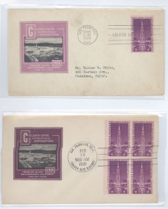 US 852 1939 3c Golden Gate International Expo on two FDC with two color varieties of Ioor cachets