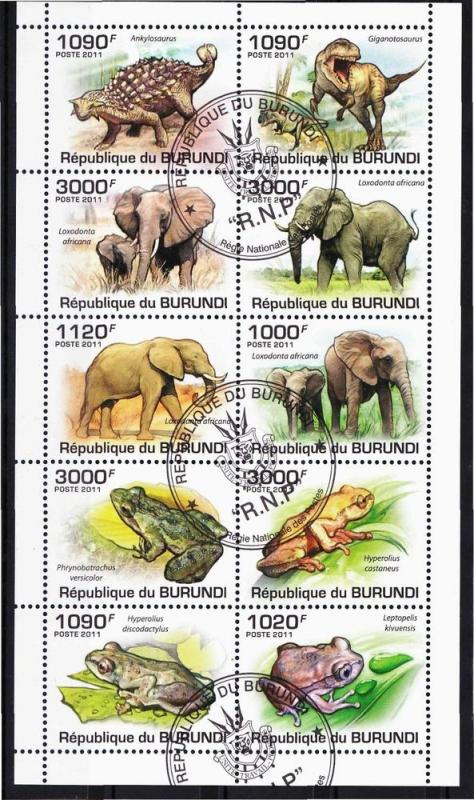 BURUNDI SHEET USED WILDLIFE ELEPHANTS FROGS DINOSAURS 