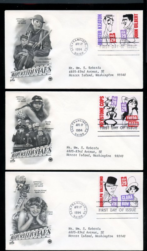 US 2819-2828 Silent Screen Stars set of 5 Addr Artcraft/PCS cachet FDC