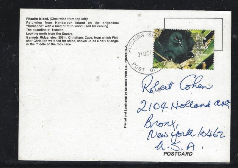 PITCAIRN ISLANDS (PP0308B)  PPC WITH 15C BIRD SENT TO  USA