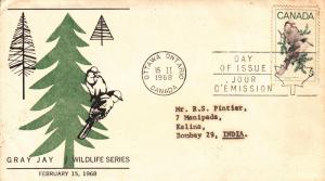 Canada FDC 1968 Scott #478 5c Gray Jays Ottawa to Bombay India