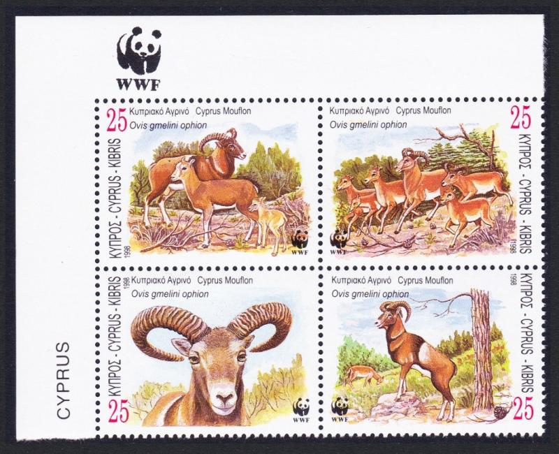 Cyprus WWF Mouflon 4v Corner Block 2*2 with WWF Logo SG#941-944 SC#920-923