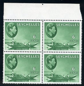 Seychelles 1938 KGVI 6c green (CH) block of four superb MNH. SG 137c.