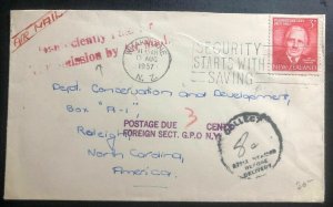 1958 Whakatane New Zeland Postage Due  Cover to Dept Conservation Raleigh NC Usa