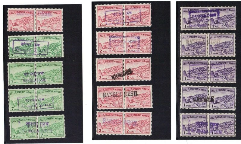 Bangladesh Stamp Pakistan Hand Overprint 15 pairs with various - All MNH