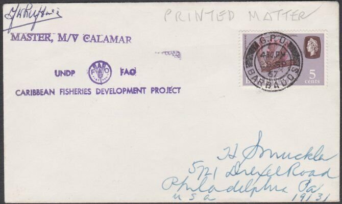 BARBADOS 1967 Ship cover to USA - M/V CALAMAR...............................U259