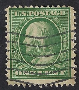 United States #374 1¢ Benjamin Franklin (1910). Green. Fine centering. Used