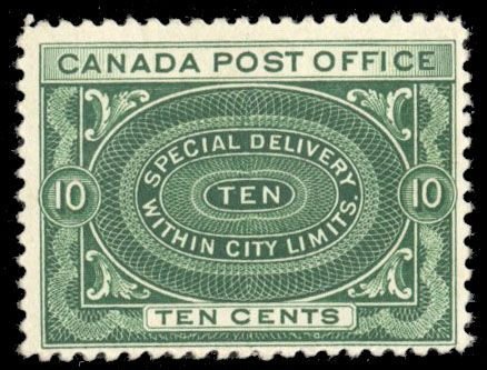 Canada E1a, $140, 1898 10c green, hinge remnant, pencil notation on gum