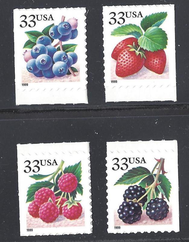 US Scott # 3298 - 3301 / 1999 Fruits and Berries, Set of 4 Singles MNH / SA