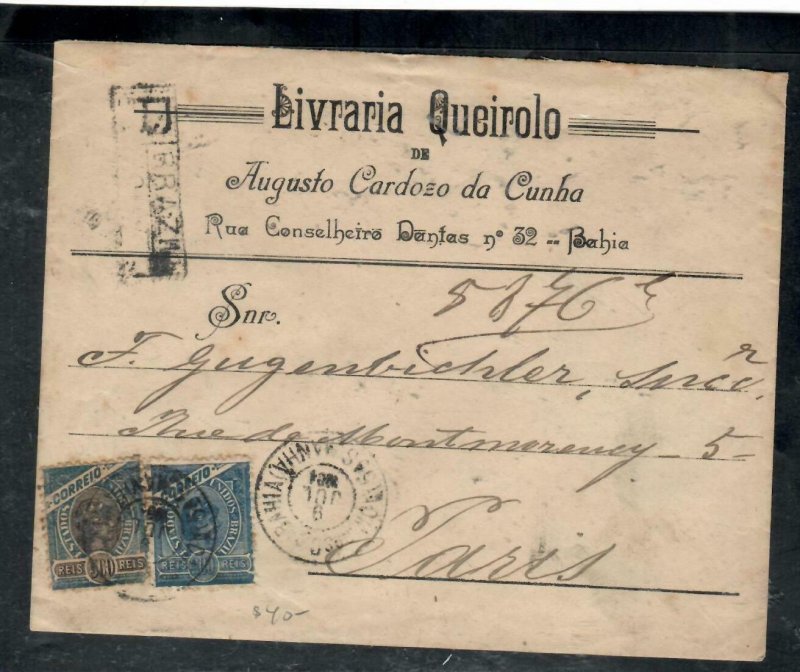 BRAZIL COVER (P1308B) 1904 200R+500R REG AD COVER TO FRANCE 