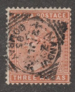 India stamp, Scott# 41A, used, Three Annas,  red/brown, #M650