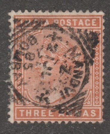 India stamp, Scott# 41A, used, Three Annas,  red/brown, #M650