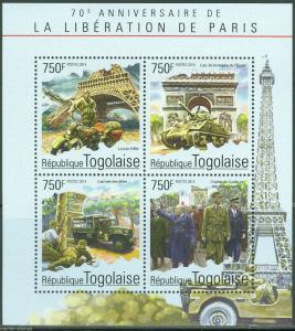 TOGO 2014 70th ANN LIBERATION OF PARIS CHARLES deGAULLE  CHURCHILL SHEET  MINT