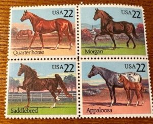 US# 2158a Horses block of 4 22c 1985 Mint NH