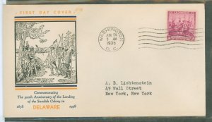 US 836 1938 3c Delaware Tercentenary/Swedish-Finnish Settlement (single) on an addressed (typed) FDC (First Day of Sale Washingt
