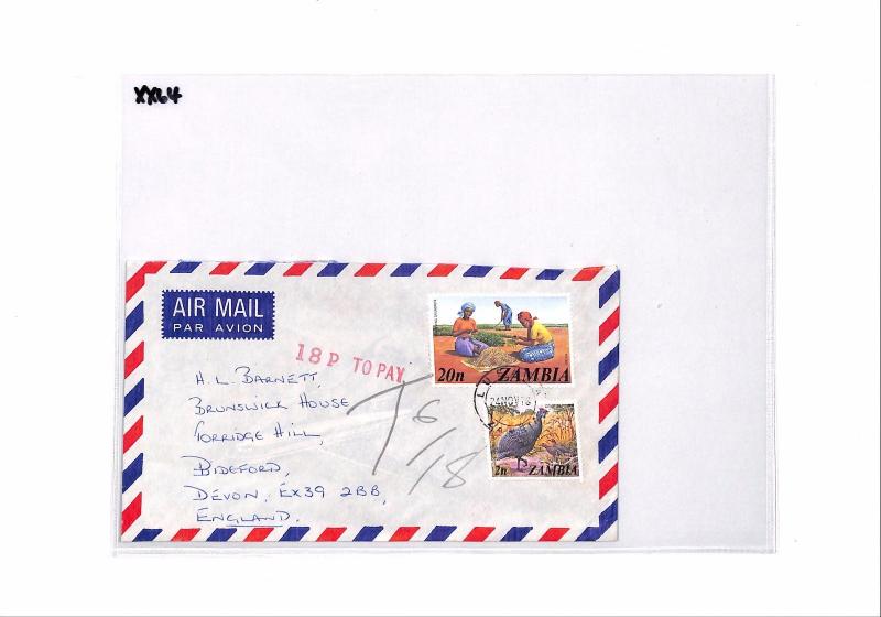 ZAMBIA UNDERPAID AIRMAIL Lusaka GB *18p TO PAY* Handstamp Devon 1976 XX64