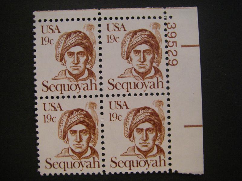 Scott 1859, 19c Sequoyah, PB4 #39529 UR, MNH Great Americans Beauty