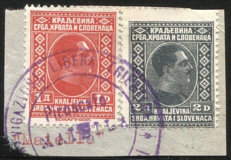 Yugoslavia  1926 Sc 43-44 Used on piece, Italian Ship Cancel: Pfo. MAISILA