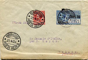 Air Mail Cent. 80 on 1 l. + complementary on cover by air from Brindisi