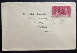 1938 Falkland Island Cover To Brandon Canada King George VI Coronation Stamp