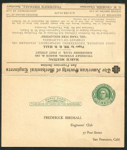 1925 San Francisco ASME Engineers' Club Standard Oil Fire 1c Martha Reply Card