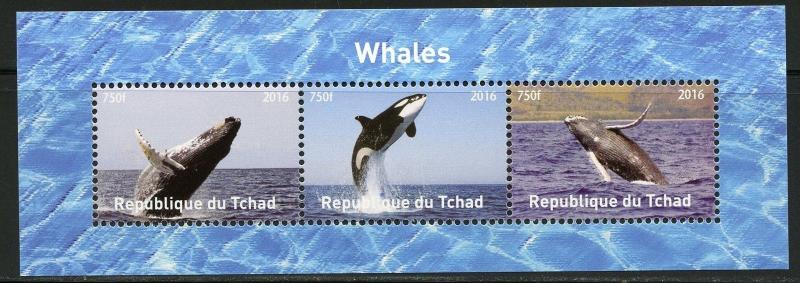 CHAD 2016  WHALES  SHEET OF THREE  MINT NH