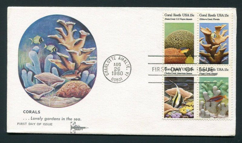 1980 FDC Coral Reefs Scott 1827-1830 Block of 4 Charlotte Amalie, Virgin Islands