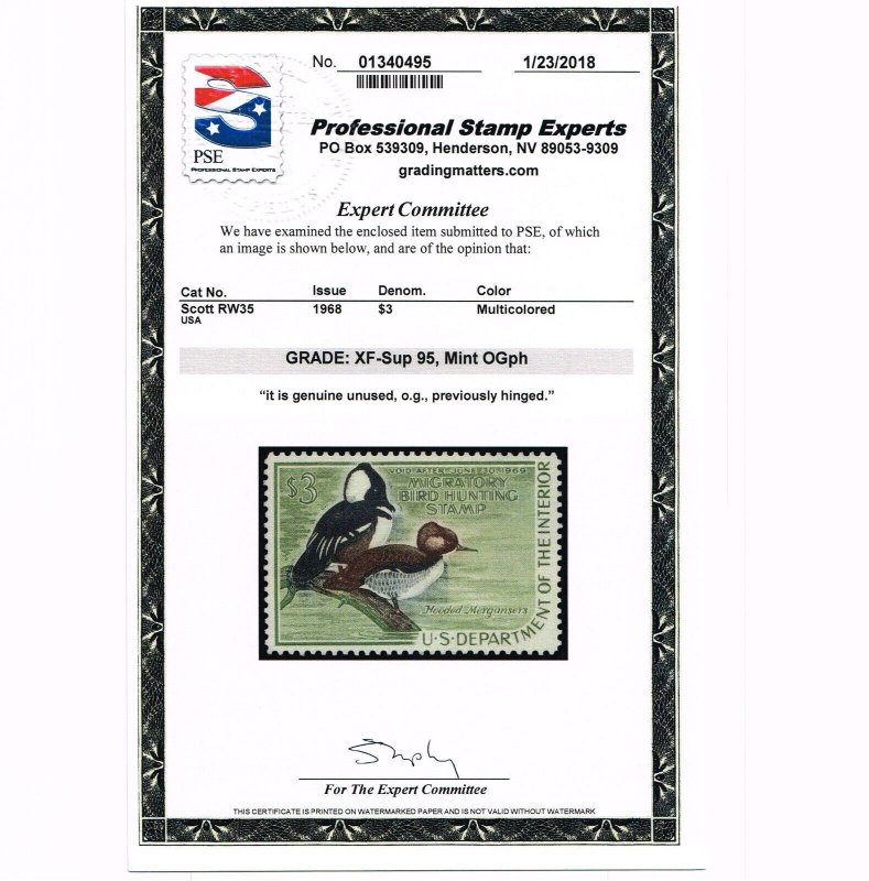 EXCEPTIONAL SCOTT #RW35 MINT OG XXLH PSE CERT GRADED XF-SUPERB 95 #20247