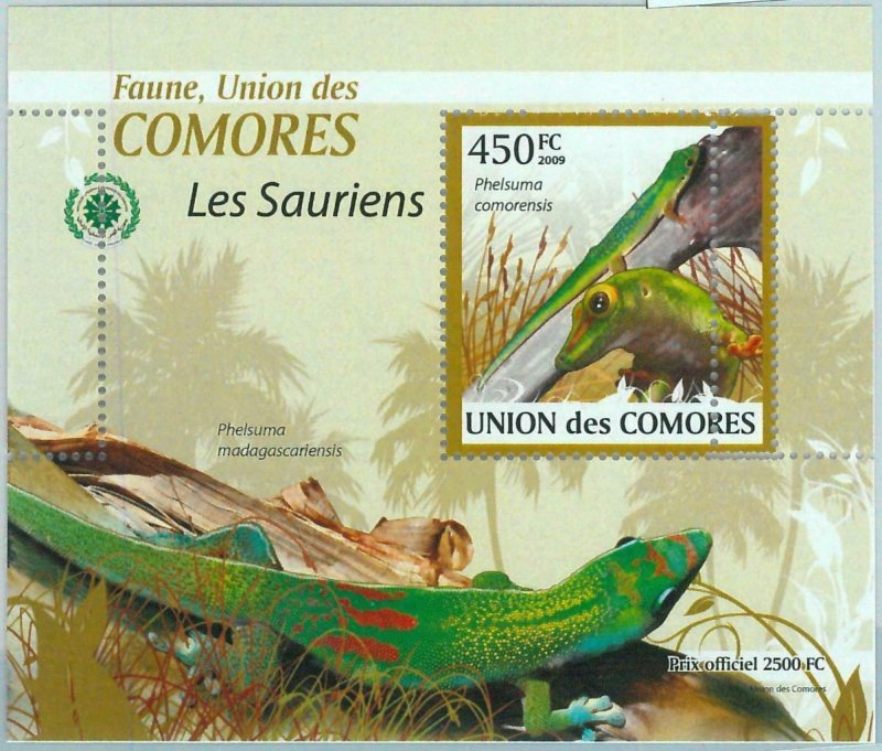 A0408 - COMORES, ERROR, MISPERF, Souvenir sheet: 2009, Lizards, Reptiles