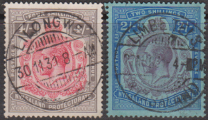 NYASALAND 1921 USED 4/- & 2/- SUPERB POSTMARKS