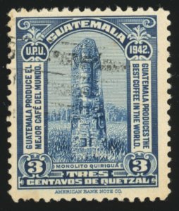 GUATEMALA Sc 303 USED - 1941  3c Mayan Stele at Quiriqua