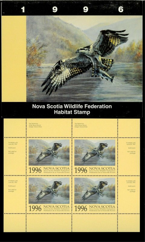 NOVA SCOTIA #5M 1996 OSPREY CONSERVATION STAMP MINI SHEET OF 4 IN FOLDER