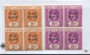 Ceylon KGV 1918 War Tax blocks of 4 mint o.g. hinged