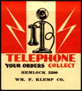 Vintage US Poster Stamp Telephone Your Orders Collect William F. Klemp Company
