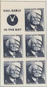 1280a 2c Frank L Wright Booklet Pane of 5 with Tab MNH OG Mail Early