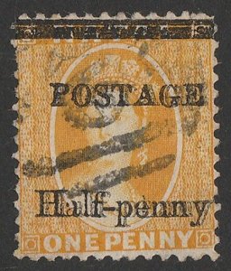 NATAL 1877 'POSTAGE Half-penny' on QV 1d yellow, error DOUBLE, plus shifted.