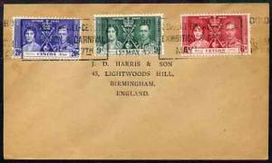 Ceylon 1937 KG6 Coronation set of 3 on cover with first d...