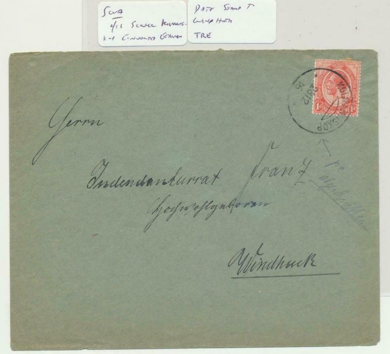 SOUTH WEST AFRICA 1916 CENSOR COVER, SCARCE KOLMANSKOP CDS TO WINDHK (SEE BELOW)