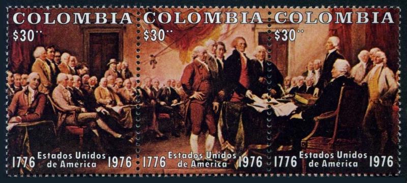 Colombia 846 ac strip,MNH.Mi 1317-1319. UUSA-200.Declaration of Independence.