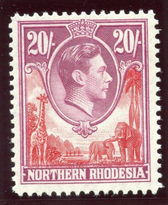 Northern Rhodesia 1938 KGVI 20s carmine-red & rose-purple MLH. SG 45. Sc 45.