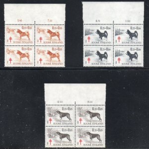 Finland Sc B173-175 1965 TB Dogs  stamp set blocks of 4 mint NH