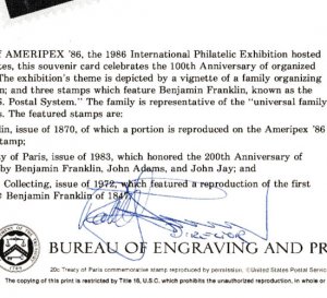 Signed Director BEP Souvenir Card B90 AMERIPEX '86 & #2145 Presidents' Day 5/22