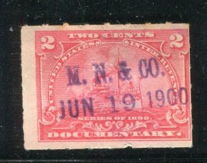 USA; 1890s early classic Battleship Revenue issue used 2c. value