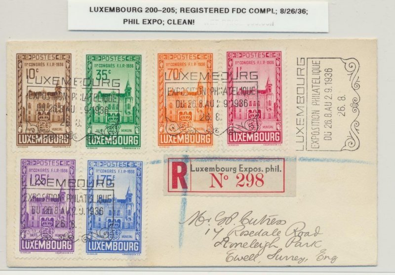 LUXEMBOURG 1936 F.I.P. SET ON FIRST DAY COVER TO UK, REG-EXPOS.PHIL 