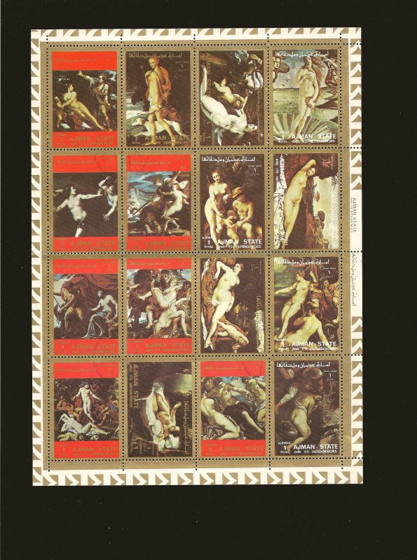 Ajman Nude Art 1970's Sheet of 16 Stamps CTO PLEASE READ NOTE