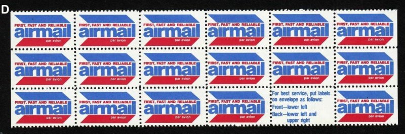 1980s AIRMAIL labels MNH block of 18 with label, red white blue D