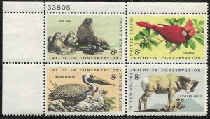 US #1464-1467 plate block. Wildlife - Seal, Cardinal, Pelican, Bighorn Sheep.